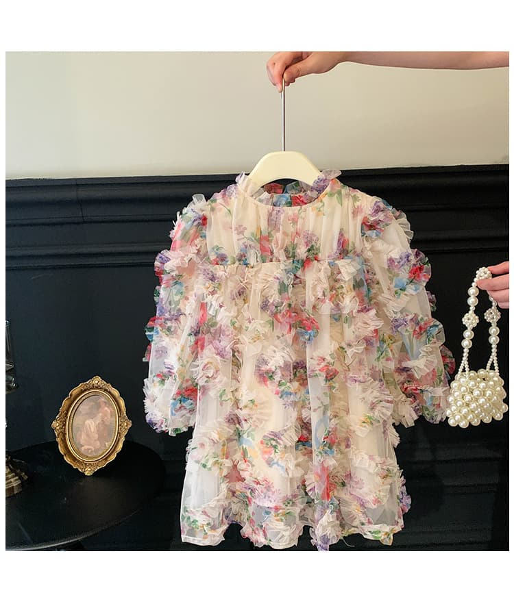 キッズファッション ドレス　立体花柄シフォン七分袖プリンセスドレス
