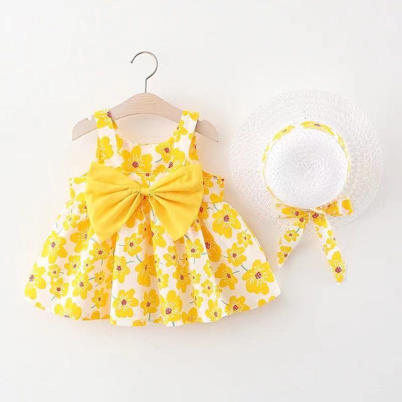 キッズファッション ワンピース　花柄リボン付きノースリーブ帽子セットワンピース