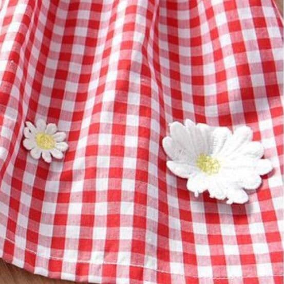 キッズファッション ワンピース　花柄肩紐ギンガムチェックワンピース
