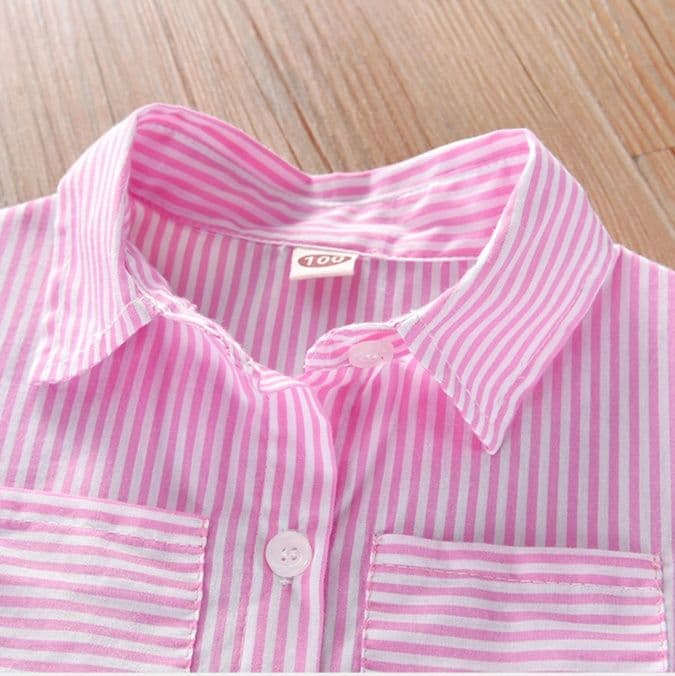 キッズファッション ワンピース　ストライプ柄シャツワンピース 編み上げベルト付き