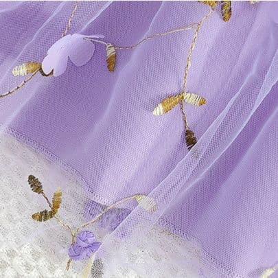 キッズファッション ドレス　花刺繍チュールスカートフリル袖プリンセスドレス
