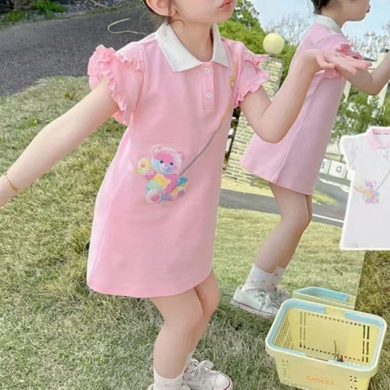 キッズファッション ワンピース　襟付きパフスリーブポロワンピース