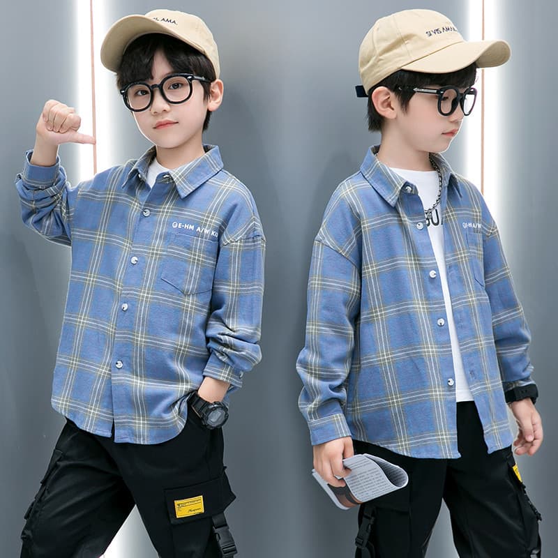 キッズファッション シャツ　男の子用チェック柄長袖カジュアルシャツ