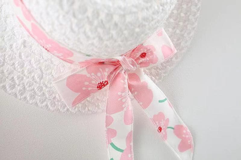 キッズファッション ワンピース　花柄リボン付きノースリーブ帽子セットワンピース