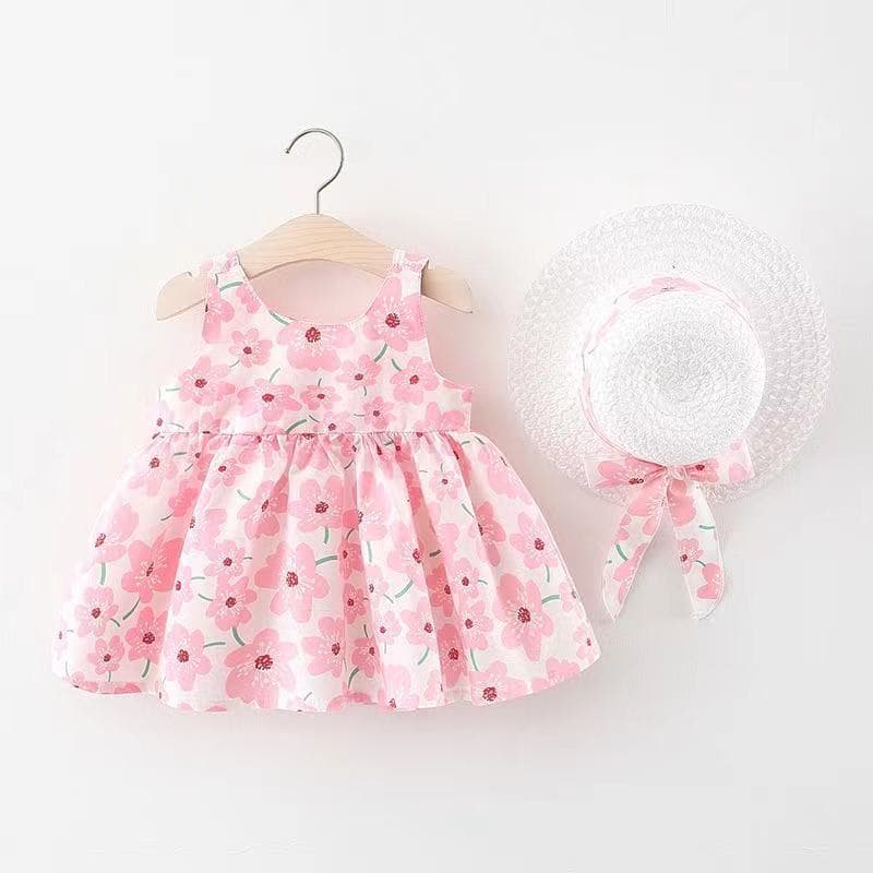 キッズファッション ワンピース　花柄リボン付きノースリーブ帽子セットワンピース