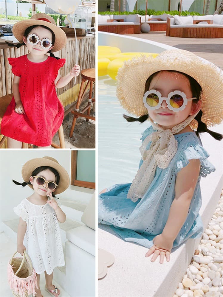 キッズファッション ワンピース　透かし編みレース刺繍フリル袖女の子ワンピース