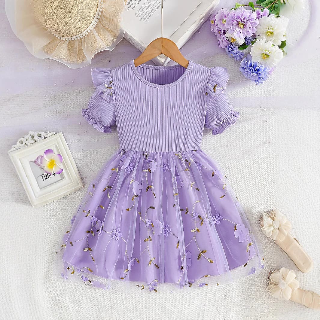 キッズファッション ドレス　花刺繍チュールスカートフリル袖プリンセスドレス