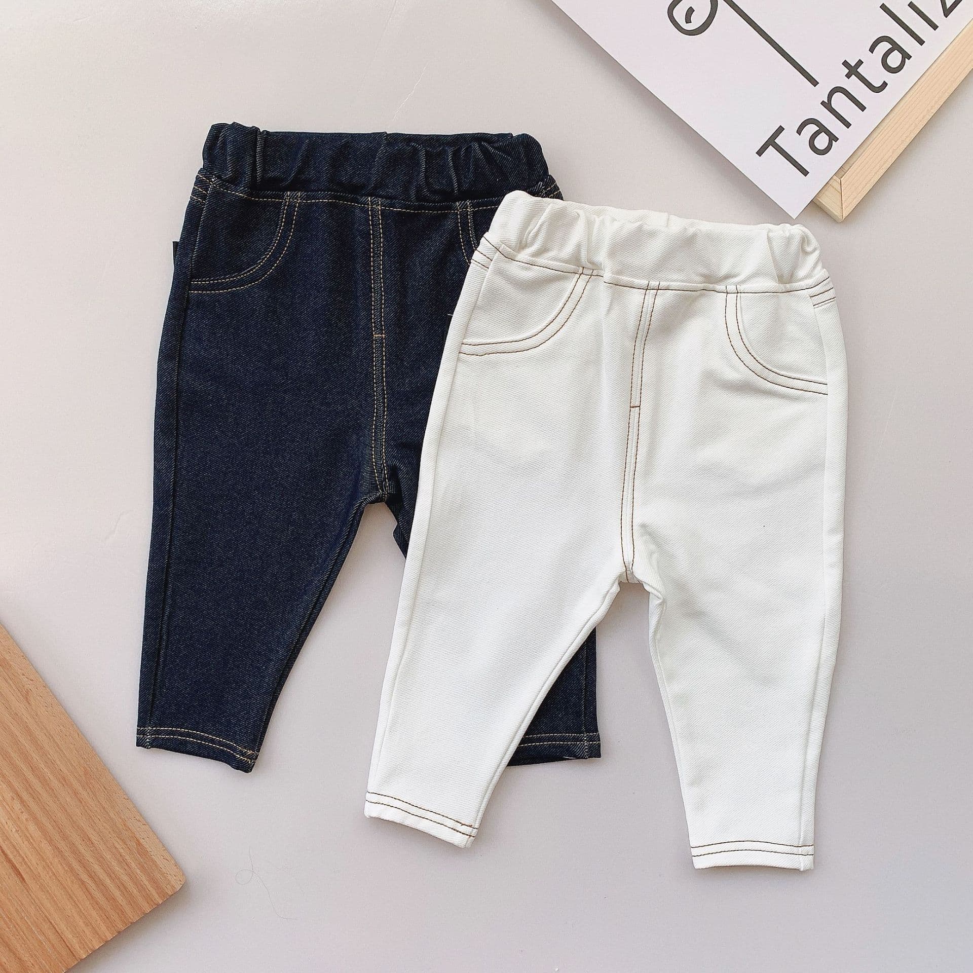 キッズファッション パンツ　ステッチデザインデニム風ストレッチパンツ