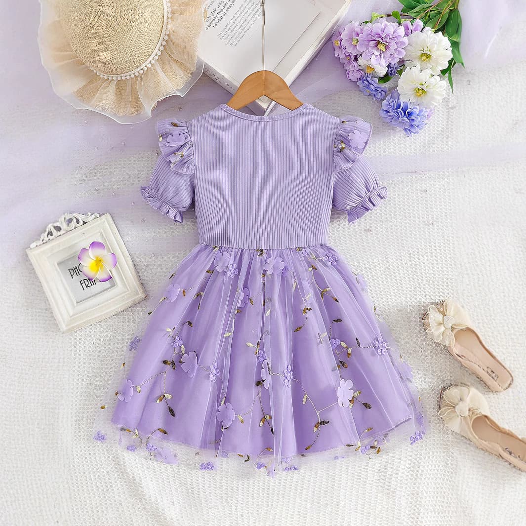 キッズファッション ドレス　花刺繍チュールスカートフリル袖プリンセスドレス