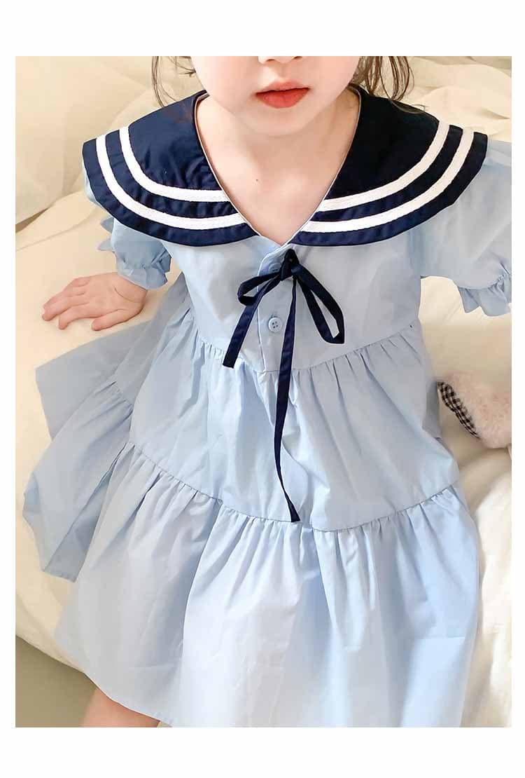 キッズファッション ワンピース　セーラー襟リボン付きティアードワンピース