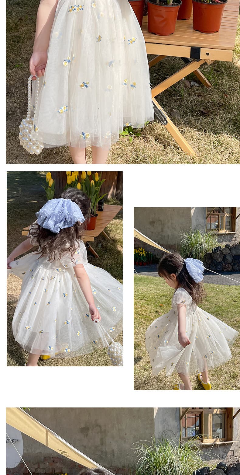 キッズファッション ドレス　花柄刺繍チュール姫様半袖ドレス