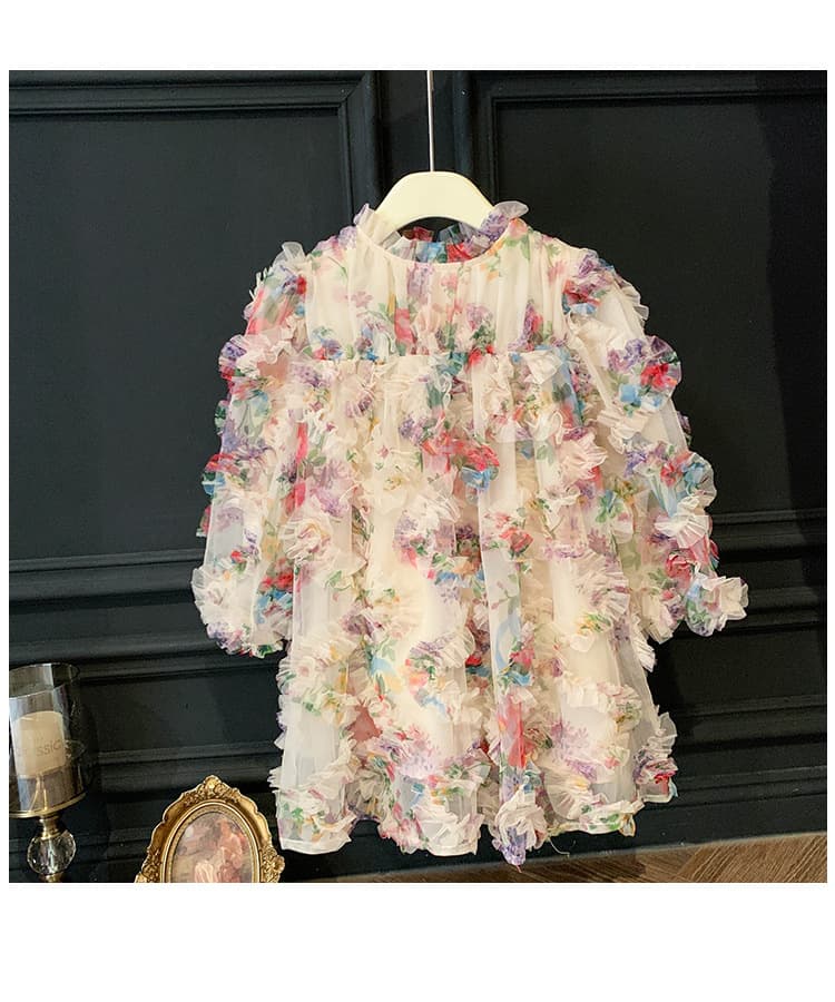 キッズファッション ドレス　立体花柄シフォン七分袖プリンセスドレス