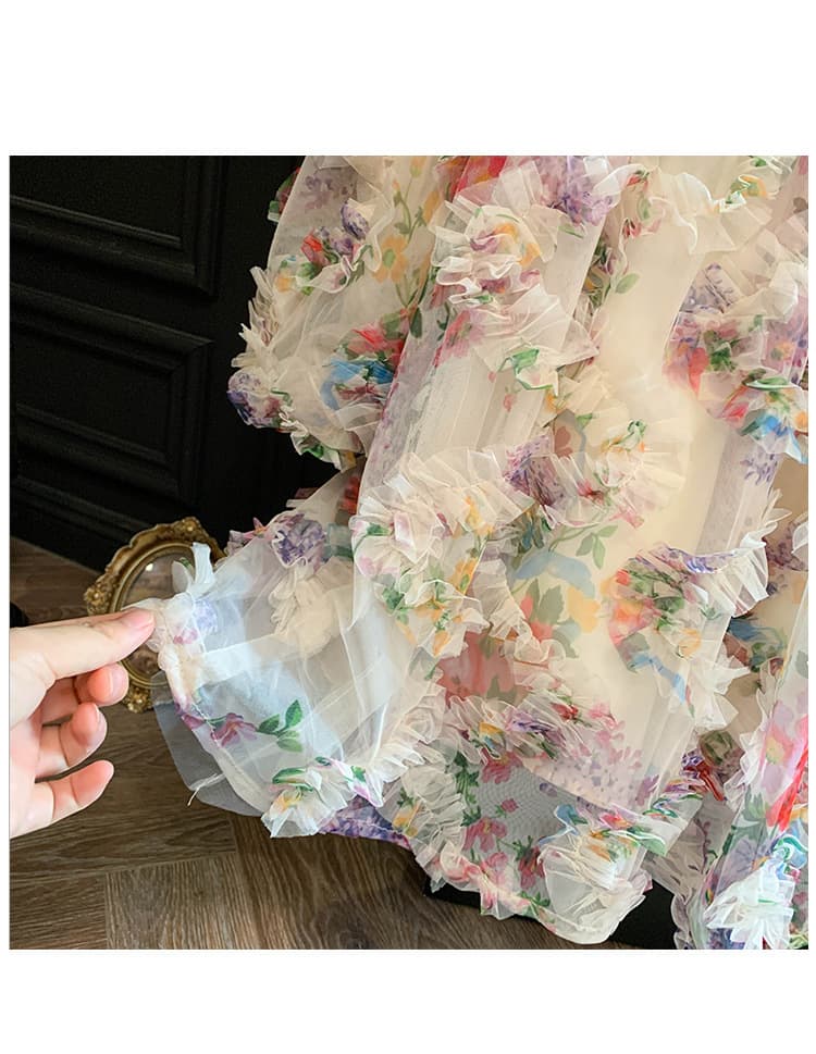 キッズファッション ドレス　立体花柄シフォン七分袖プリンセスドレス