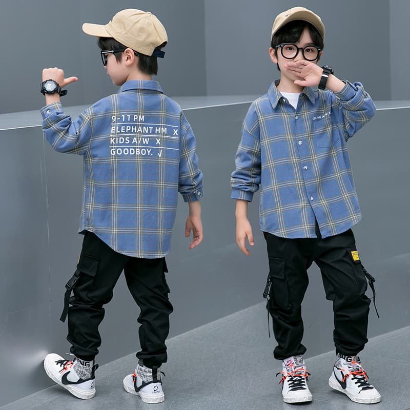 キッズファッション シャツ　男の子用チェック柄長袖カジュアルシャツ