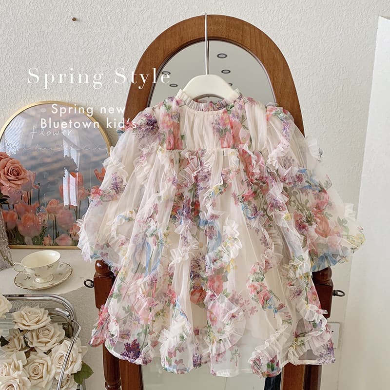 キッズファッション ドレス　立体花柄シフォン七分袖プリンセスドレス