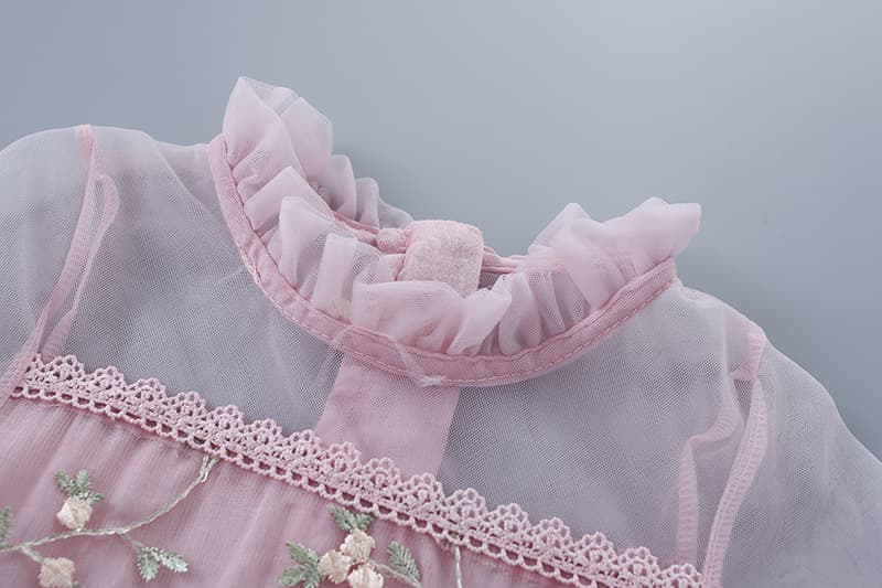 キッズファッション ドレス　花刺繍チュール長袖プリンセスドレス