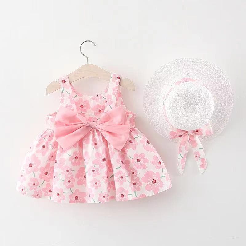 キッズファッション ワンピース　花柄リボン付きノースリーブ帽子セットワンピース