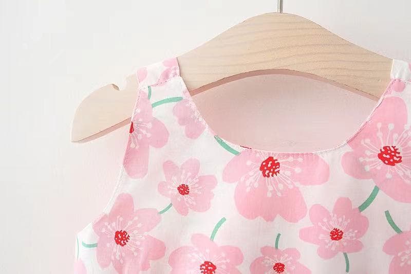 キッズファッション ワンピース　花柄リボン付きノースリーブ帽子セットワンピース