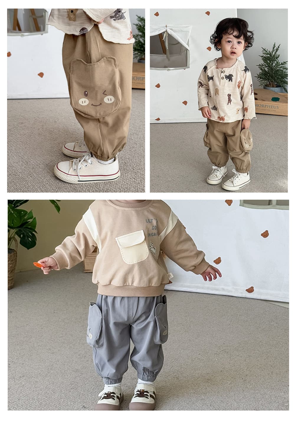 キッズファッション パンツ　可愛い動物ワッペン付きゆったりカーゴパンツ