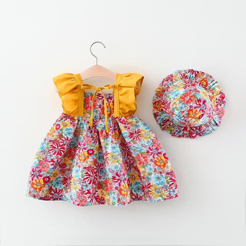 キッズファッション ワンピース　花柄フリル袖ワンピース帽子セット