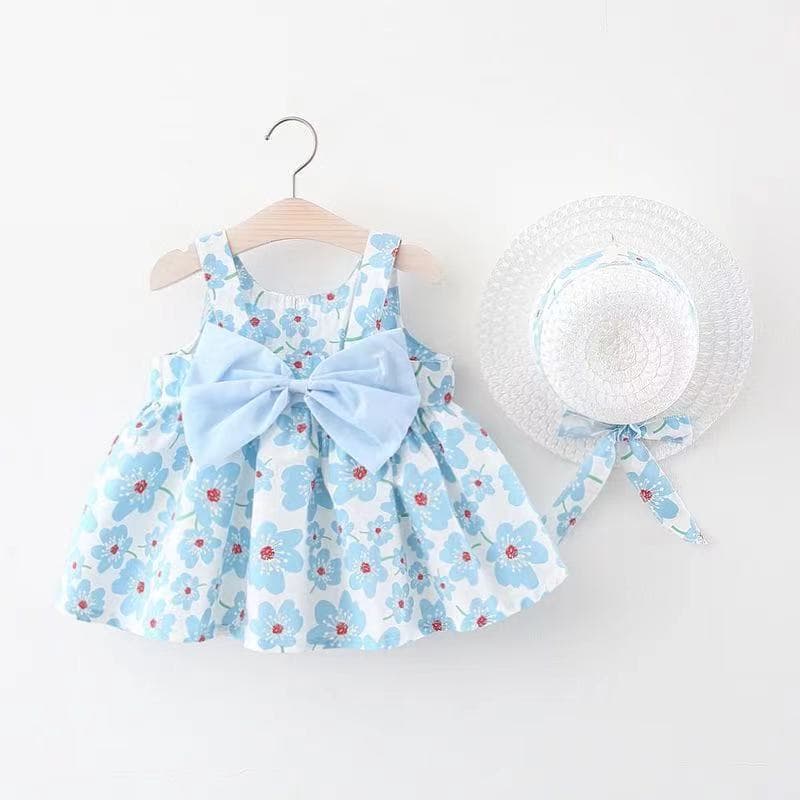 キッズファッション ワンピース　花柄リボン付きノースリーブ帽子セットワンピース