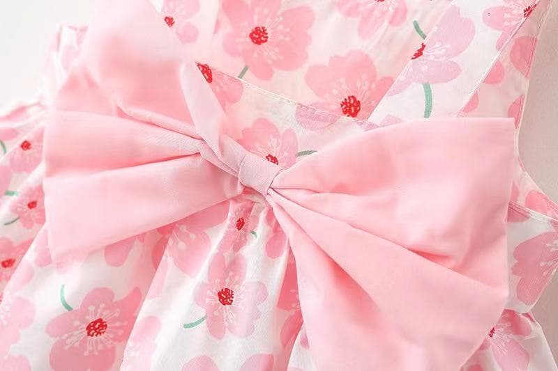 キッズファッション ワンピース　花柄リボン付きノースリーブ帽子セットワンピース