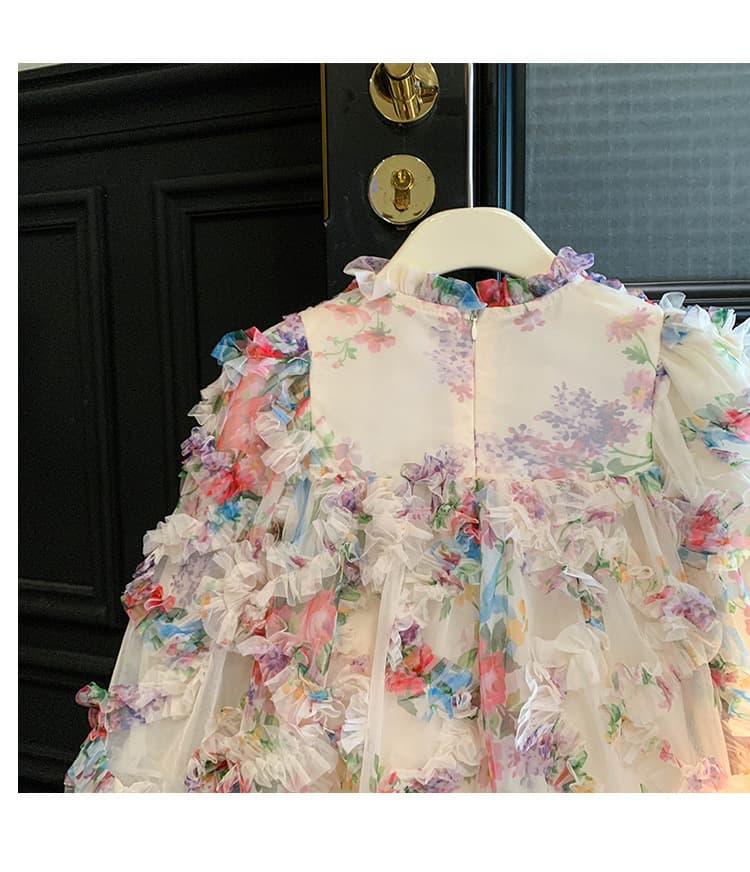 キッズファッション ドレス　立体花柄シフォン七分袖プリンセスドレス