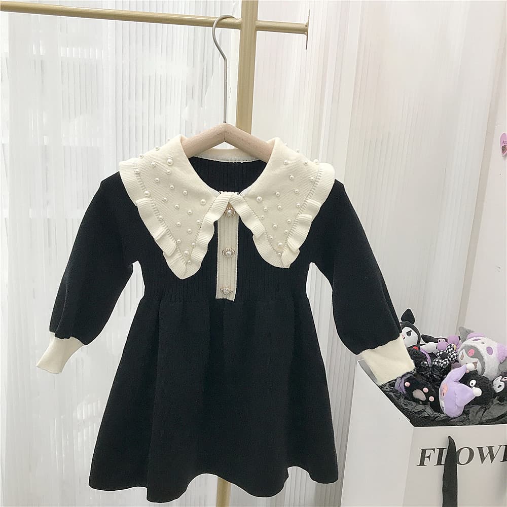 キッズファッション ワンピース 小花柄大襟ニットワンピース