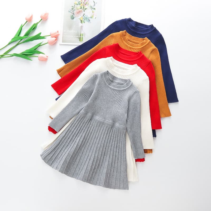 キッズファッション ワンピース 女の子用リブニット長袖プリーツワンピース