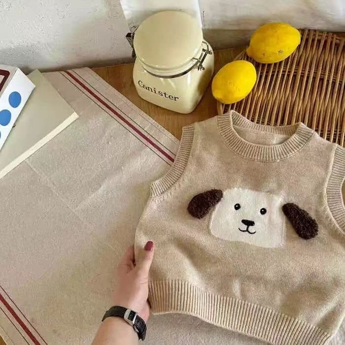 キッズファッション ニット 愛らしい子犬顔ワンポイント袖なしニットベスト