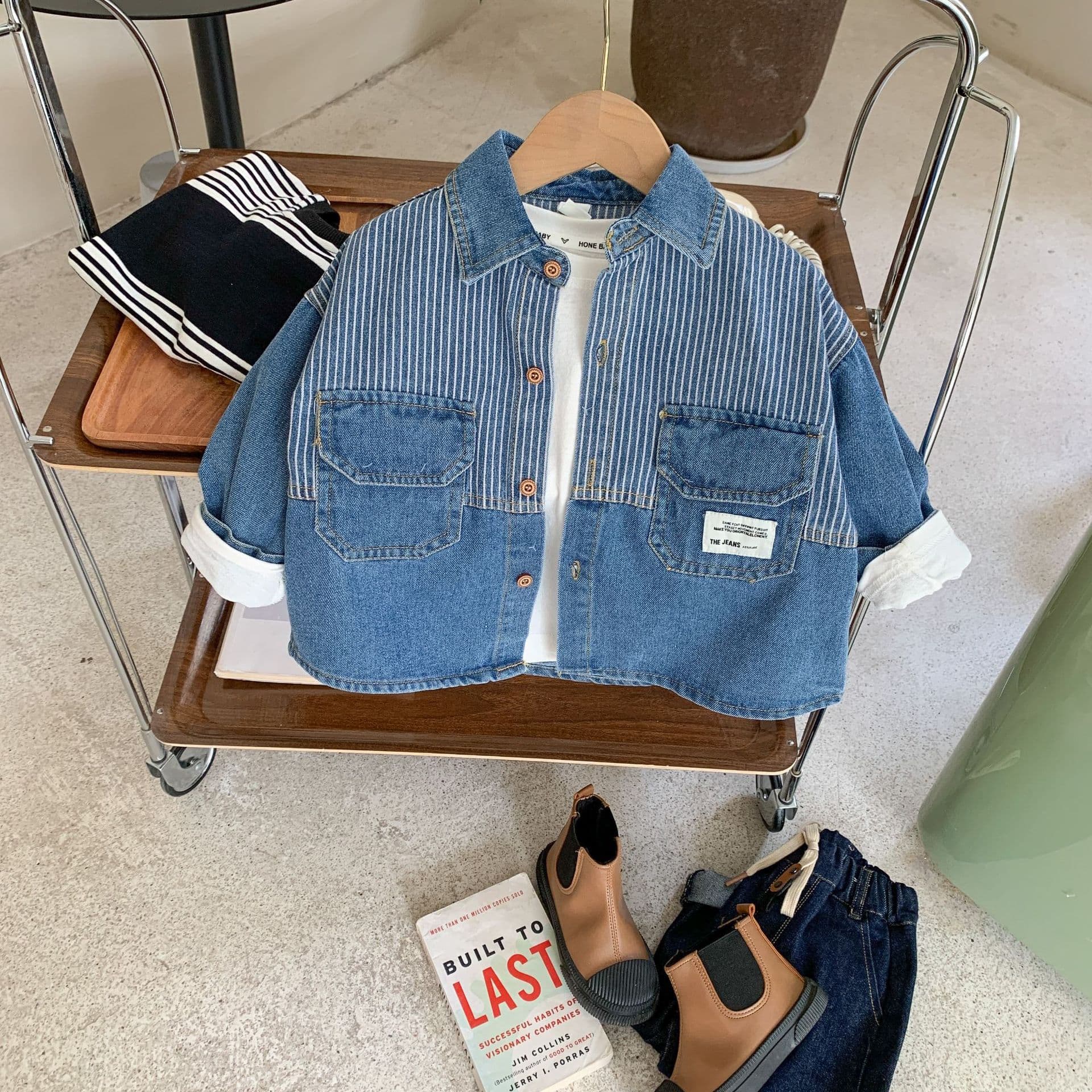 キッズファッション シャツ 子供用縦縞デニム長袖シャツ