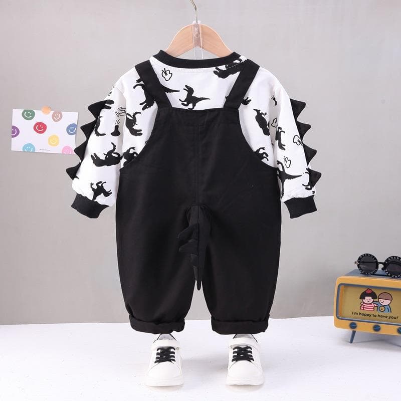 キッズファッション パンツ 恐竜プリント長袖トップス付きサロペットセット