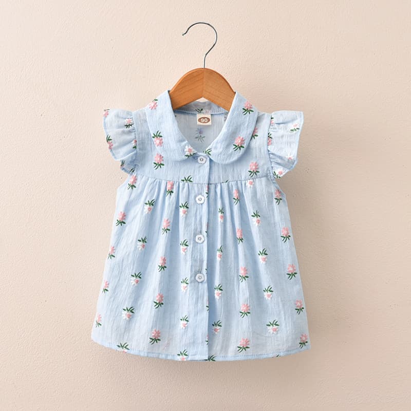 キッズファッション ワンピース 小花柄フリル袖シャツワンピース