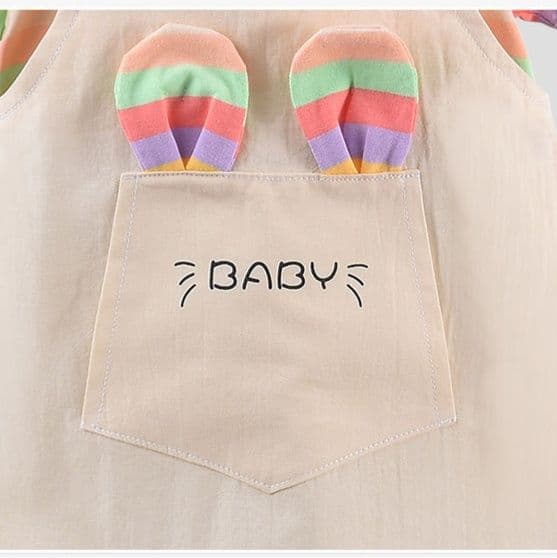 キッズファッション ワンピース 虹色ボーダー袖付きジャンパースカートセット