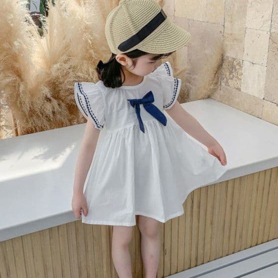 キッズファッション ワンピース フリル袖リボン付きふんわり半袖ワンピース