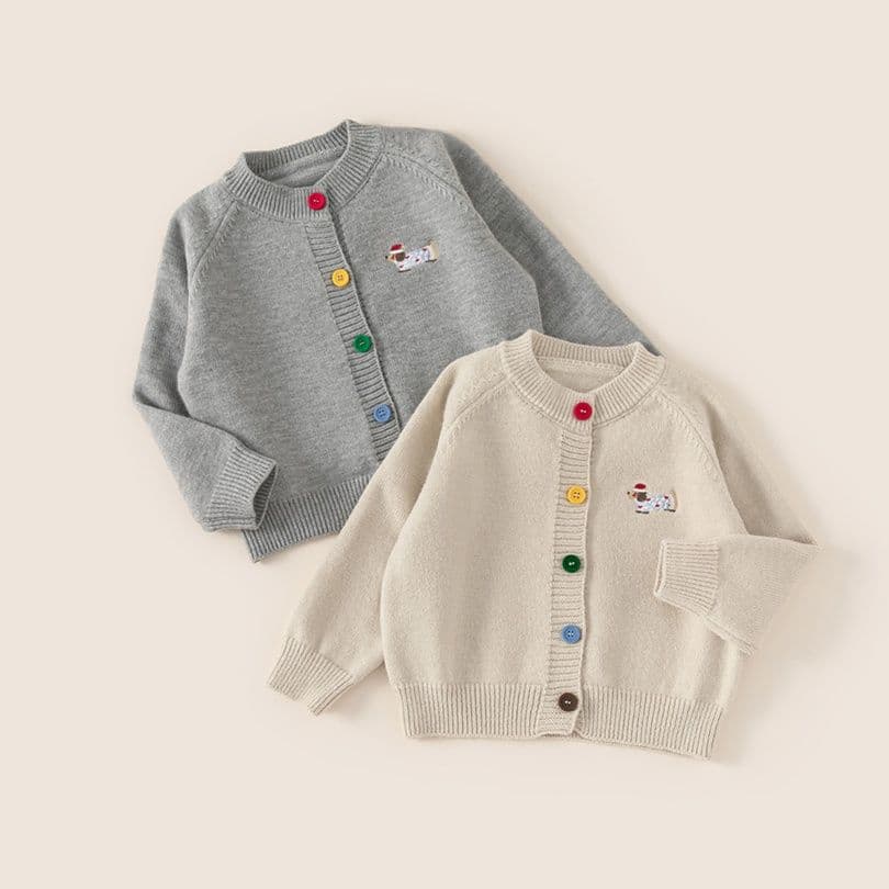 キッズファッション ニット 子犬刺繍レインボーボタンニットカーディガン