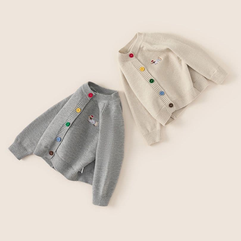 キッズファッション ニット 子犬刺繍レインボーボタンニットカーディガン