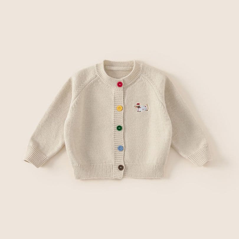 キッズファッション ニット 子犬刺繍レインボーボタンニットカーディガン