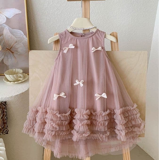 キッズファッション ドレス 小花リボン付きふわふわチュール姫様ドレス