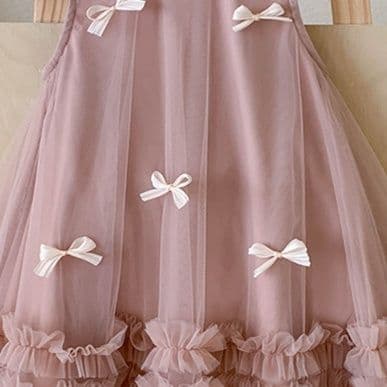 キッズファッション ドレス 小花リボン付きふわふわチュール姫様ドレス