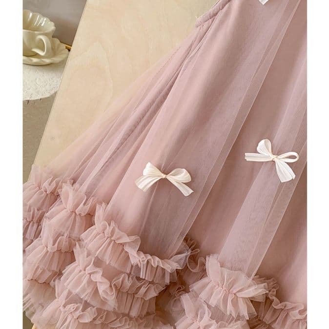 キッズファッション ドレス 小花リボン付きふわふわチュール姫様ドレス