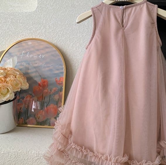 キッズファッション ドレス 小花リボン付きふわふわチュール姫様ドレス