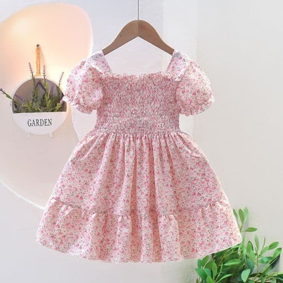 キッズファッション ドレス 花柄シャーリング半袖ワンピース かごバッグ付き
