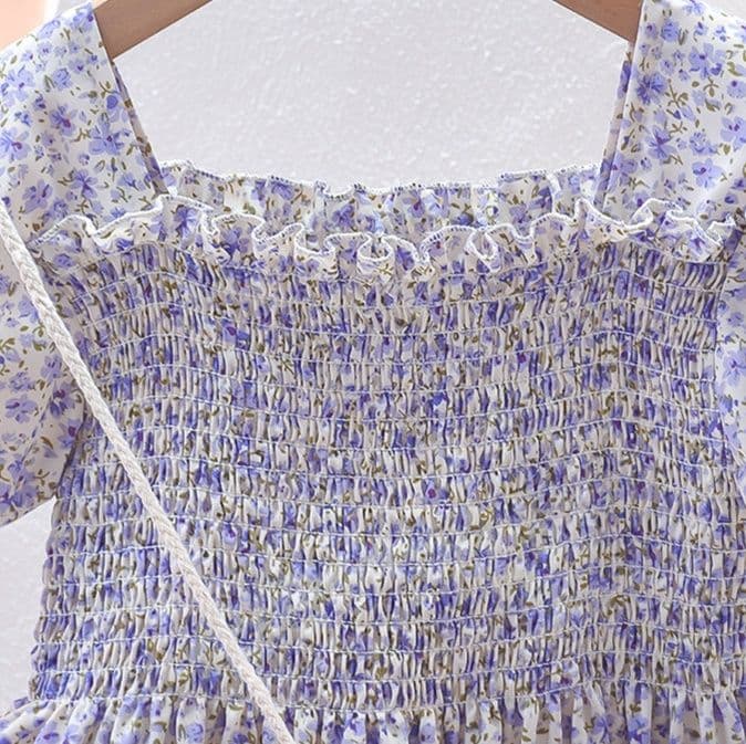 キッズファッション ドレス 花柄シャーリング半袖ワンピース かごバッグ付き