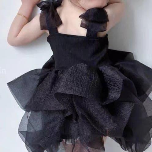 キッズファッション ドレス ふんわりチュール肩紐りぼん華やかお姫様ドレス