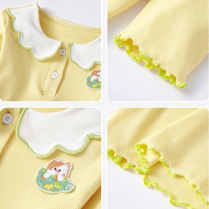 キッズファッション Tシャツ 子犬刺繍つきスカラップ襟長袖トップス