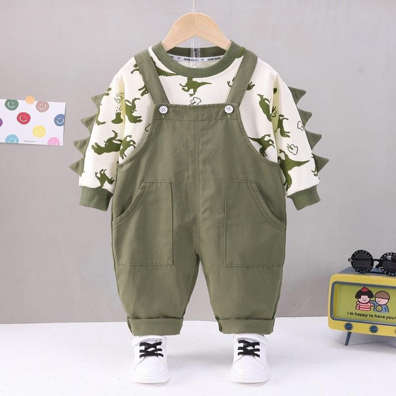 キッズファッション パンツ 恐竜プリント長袖トップス付きサロペットセット
