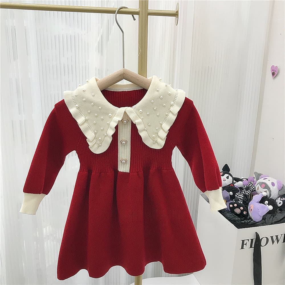 キッズファッション ワンピース 小花柄大襟ニットワンピース