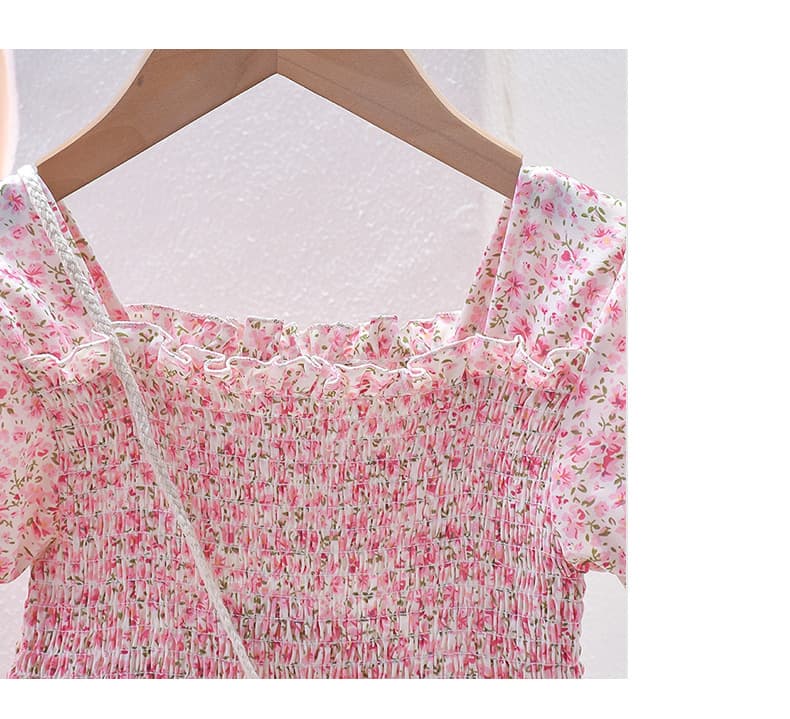 キッズファッション ドレス 花柄シャーリング半袖ワンピース かごバッグ付き