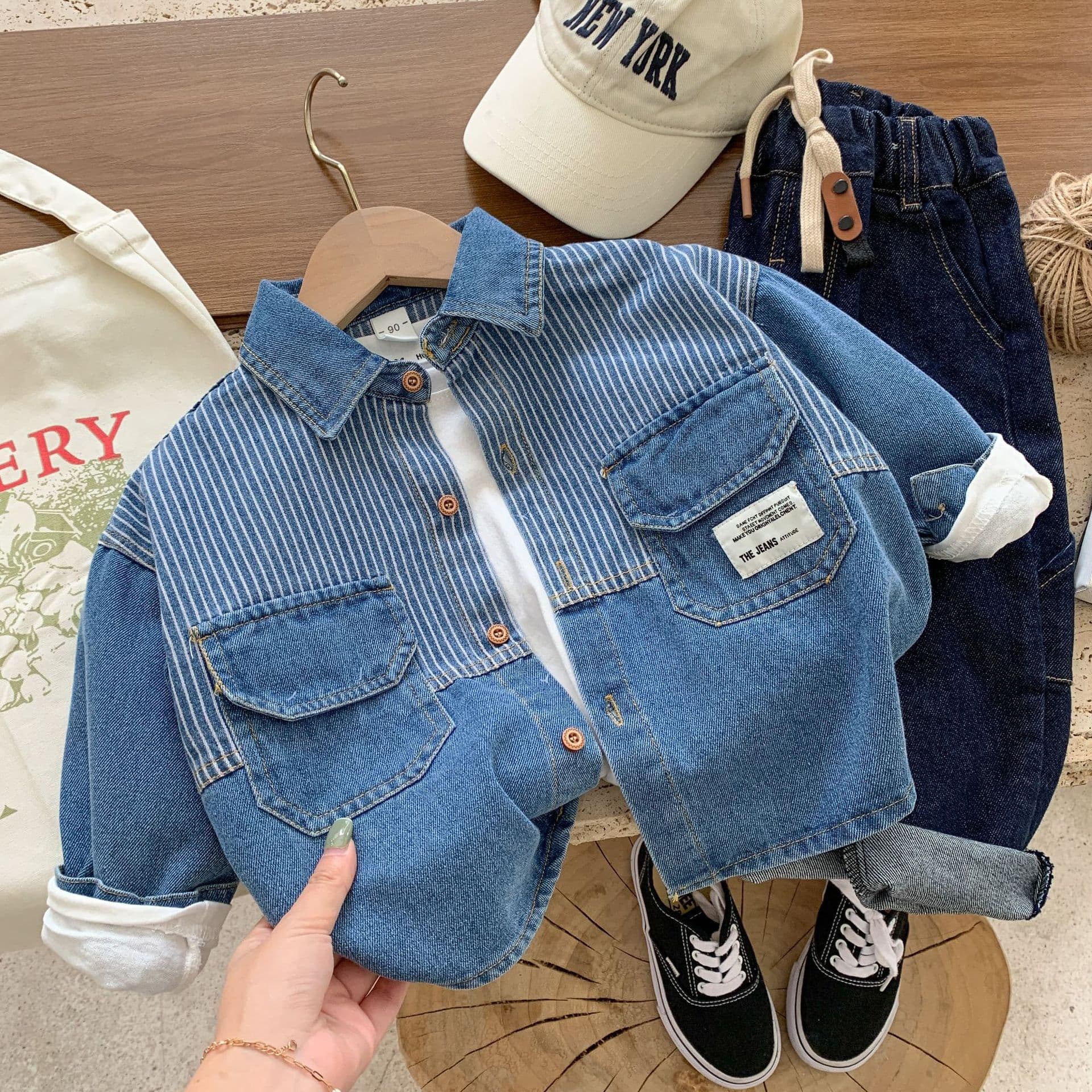 キッズファッション シャツ 子供用縦縞デニム長袖シャツ
